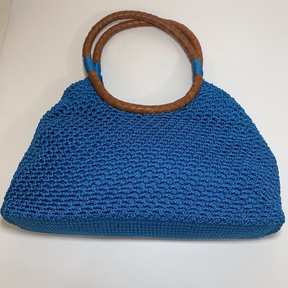 The Sak Turquoise Crochet Leather Handled Bag EUC